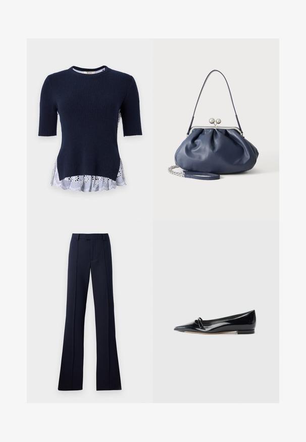Jersey de marina con textura acanalada, de manga corta y un dobladillo de volantes en blanco y azul a rayas, que presenta recortes florales. Textura suave, diseño casual.; Pantalones acampanados de color azul marino, confeccionados con una tela suave. Cuentan con un frente plano, pasadores para cinturón y pliegues planchados. Sin patrones o acentos visibles.; Zapato plano de charol negro con punta afilada, pequeña tira decorativa y tacón bajo. Textura suave y diseño elegante.; Bolso de mano de cuero azul marino suave con cierre de broche plateado, una correa de hombro y correa de cadena desmontable para la muñeca sobre fondo blanco.