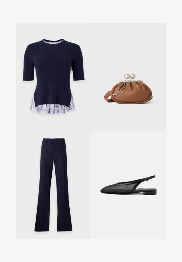 Jersey de marina con textura acanalada, de manga corta y un dobladillo de volantes en blanco y azul a rayas, que presenta recortes florales. Textura suave, diseño casual.; Pantalones acampanados de color azul marino, confeccionados con una tela suave. Cuentan con un frente plano, pasadores para cinturón y pliegues planchados. Sin patrones o acentos visibles.; Zapato plano negro tipo slingback con punta estrecha, parte superior de malla, correa ajustable con hebilla y tacón bajo apilado sobre fondo blanco.; Bolso de mano de cuero marrón con cierre de bola plateada y un pequeño detalle de cadena plateada sobre un fondo blanco.