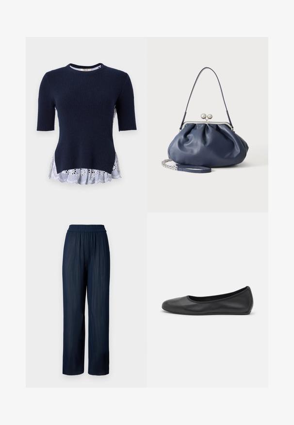 Jersey de marina con textura acanalada, de manga corta y un dobladillo de volantes en blanco y azul a rayas, que presenta recortes florales. Textura suave, diseño casual.; Pantalones de pernera ancha en color marino, elaborados con tela plisada, que cuentan con una cinturilla elástica y una textura suave, diseñados para ofrecer comodidad y facilidad de movimiento.; Bailarina de piel negra con punta redondeada, textura suave, detalle de costura minimalista y diseño de suela flexible.; Bolso de mano de cuero azul marino suave con cierre de broche plateado, una correa de hombro y correa de cadena desmontable para la muñeca sobre fondo blanco.