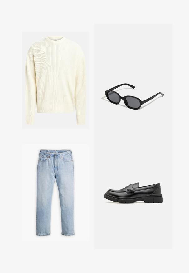 Pull en tricot crème clair avec une texture côtelée, un col rond et des épaules tombantes ; il présente une coupe décontractée et une couleur unie.; Jean en denim bleu clair avec une coupe droite, style cinq poches et coutures contrastantes. Fermeture à bouton et à glissière à la taille.; Mocassin en cuir noir avec une large sangle sur le devant, semelle en caoutchouc à épaisse rainure, et texture lisse. Design classique et élégant.; Zign Lunettes de soleil - black