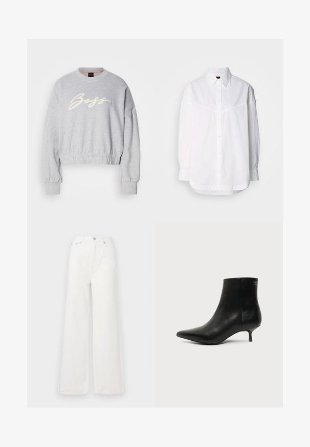Grå cropped sweatshirt lavet af blødt stof, med et hvidt broderet "Boss" logo på fronten og elastiske manchetter ved ærmerne og kanten.; Hvid langærmet skjorte lavet af bomuld, med en knap-ned krave, frontknapper og en afslappet pasform med subtile syninger.; Hvide højtaljede brede jeans lavet af denim. Har frontlommer, knaplukning og afrivede kantdetaljer.; Sort læder ankelstøvle med spids tå og lav kitten hæl på lys baggrund, der viser yderside.