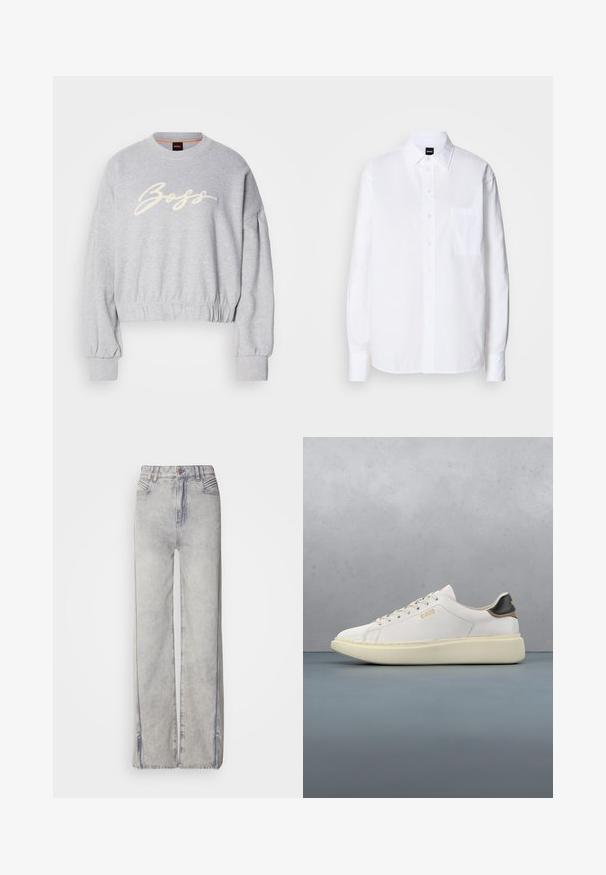 Grå cropped sweatshirt lavet af blødt stof, med et hvidt broderet "Boss" logo på fronten og elastiske manchetter ved ærmerne og kanten.; Hvid skjorte med knapper lavet af bomuld, med klassisk krave, lange ærmer, en brystlomme og en glat, sprød tekstur.; Lyseblå vid-leg jeans lavet af denim med en falmet vask, der har lynlås, fem lommer og kontraststikning.; Hvide sneakers med en glat læderoverdel, har en tan- og sort læderhælbrik, runde snørebånd og en kraftig beige gummisål. Guld logo detaljer.