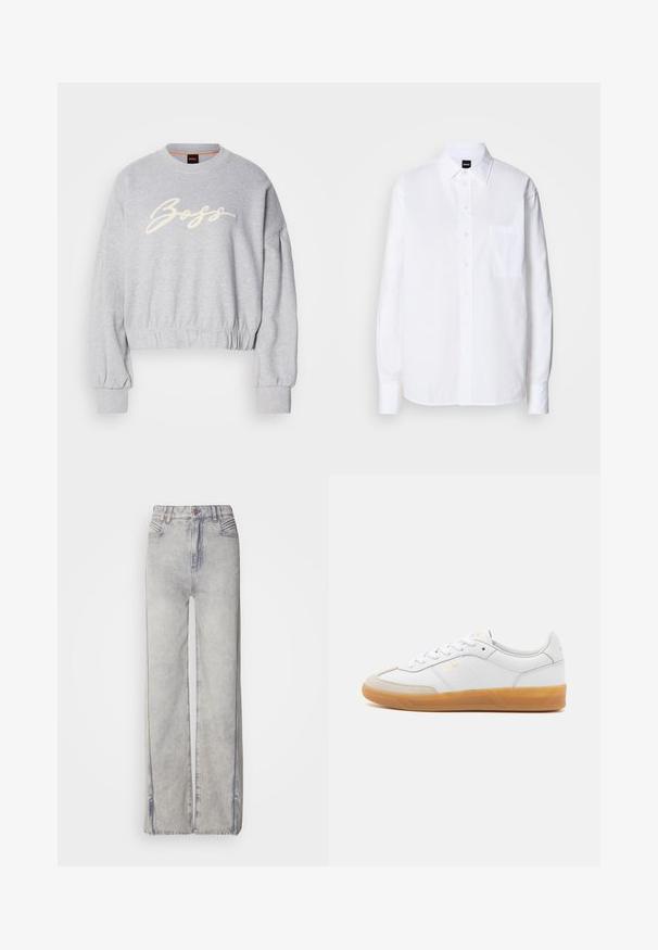Grijze cropped sweatshirt van zacht materiaal, met een witte geborduurde 'Boss' logo aan de voorkant en elastische boorden aan de mouwen en onderkant.; Wit katoenen overhemd met een klassieke kraag, lange mouwen, een borstzak en een gladde, frisse textuur.; Lichtblauwe wijde jeans van denim met een vervaagd uiterlijk, voorzien van een ritssluiting, vijf zakken en contrasterende stiksels.; Witte leren sneaker met beige suède accenten, gumrubberen zool en vetersluiting. Heeft subtiele branding in goud.
