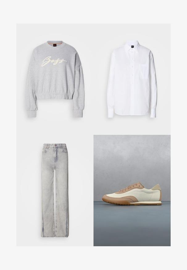 Sweatshirt court gris en tissu doux, présentant un logo "Boss" brodé en blanc sur le devant et des poignets élastiques aux manches et à l'ourlet.; Chemise blanche à boutons, en coton, avec un col classique, des manches longues, une poche poitrine et une texture lisse et structurée.; Jean large en denim bleu clair avec un délavage, doté d'une fermeture éclair, de cinq poches et de coutures contrastantes.; Baskets crème et beige avec une tige texturée, des lacets et une semelle en caoutchouc, présentées au-dessus d'une surface en bois avec des cailloux.