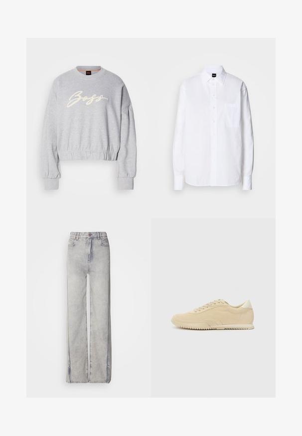 Sweatshirt court gris en tissu doux, présentant un logo "Boss" brodé en blanc sur le devant et des poignets élastiques aux manches et à l'ourlet.; Chemise blanche à boutons, en coton, avec un col classique, des manches longues, une poche poitrine et une texture lisse et structurée.; Jean large en denim bleu clair avec un délavage, doté d'une fermeture éclair, de cinq poches et de coutures contrastantes.; Baskets en suede beige avec un design à lacets, dessus texturé, semelle en caoutchouc contrastante et un léger talon. Style minimaliste avec un branding subtil.