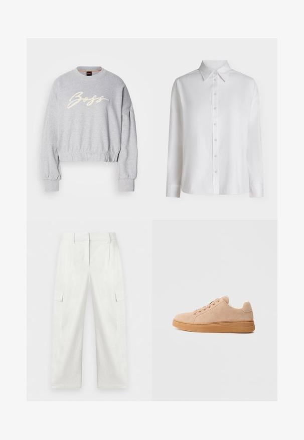 Grijze cropped sweatshirt van zacht materiaal, met een witte geborduurde 'Boss' logo aan de voorkant en elastische boorden aan de mouwen en onderkant.; Wit overhemd met lange mouwen, knoopsluiting, puntige kraag en standaard manchetten, getoond tegen een eenkleurige lichte achtergrond.; Witte cargo broek met rechte pijpen, zijflapzakken, riemlussen en een voorritssluiting, afgebeeld op een effen achtergrond.; Beige suède sneakers met een zachte voering, voorzien van zes veterogen en een geribbelde rubberen zool. Versterkte stiksels langs de randen.