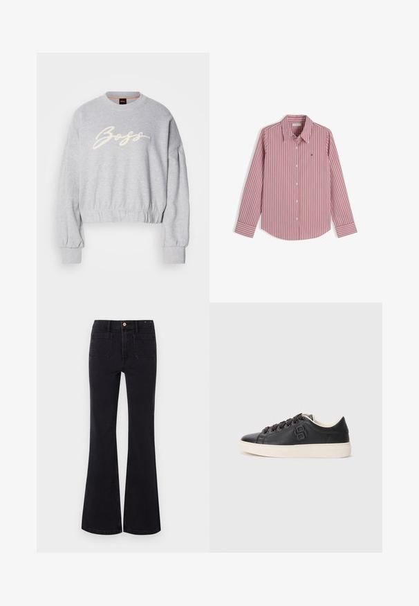 Grijze cropped sweatshirt van zacht materiaal, met een witte geborduurde 'Boss' logo aan de voorkant en elastische boorden aan de mouwen en onderkant.; Rood-wit verticaal gestreept overhemd met lange mouwen, knopen, kraag en klein geborduurd logo op de borst, plat uitgestald op een witte achtergrond.; GAP FLARE TAYLORSON - Flared Jeans - basic black; Zwarte leren sneaker met ronde neus, contrasterende crèmekleurige zool, donkere veters en een reliëflogo aan de zijkant. Over het geheel een gladde textuur.