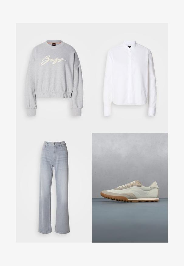 Grå cropped sweatshirt lavet af blødt stof, med et hvidt broderet "Boss" logo på fronten og elastiske manchetter ved ærmerne og kanten.; Hvid skjorte med krave, front placket, lange ærmer og knapmanchetter. Lavet af glat bomuldsstof med en struktureret pasform.; Lys grå vidde jeans med høj talje, lavet af denim. Har forlommer, lynlås og subtil falmen over det hele.; Hvide og beige sneakers med en glat overdel og suede detaljer, en tekstureret sål og tonet syninger. Snørelukning med logo detalje.