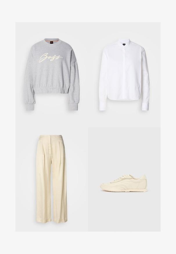 Sweatshirt court gris en tissu doux, présentant un logo "Boss" brodé en blanc sur le devant et des poignets élastiques aux manches et à l'ourlet.; Chemise blanche à col avec patte de boutonnage à l'avant, manches longues et poignets à boutons. Fabriquée en coton lisse avec une coupe structurée.; Pantalon en soie crème taille haute avec plis, jambes larges et fermeture éclair avant dissimulée sur un fond blanc uni.; Baskets basses de couleur crème avec des coutures ondulées, une fermeture à lacets et une semelle crantée, vues de côté sur un fond uni.