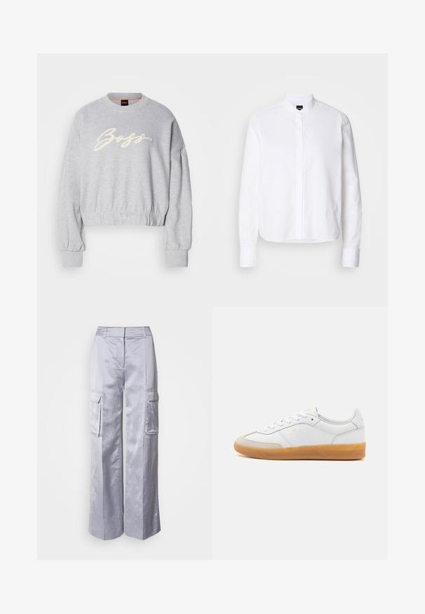 Grijze cropped sweatshirt van zacht materiaal, met een witte geborduurde 'Boss' logo aan de voorkant en elastische boorden aan de mouwen en onderkant.; Witte overhemd met een voorpanneel, lange mouwen en knoopmanchetten. Gemaakt van glad katoen met een gestructureerde pasvorm.; Lichtgrijze wijde cargobroek van gladde stof, met zijzakken, een getailleerde tailleband en geen zichtbare sluitingen of ritsen.; Witte leren sneaker met beige suède accenten, gumrubberen zool en vetersluiting. Heeft subtiele branding in goud.