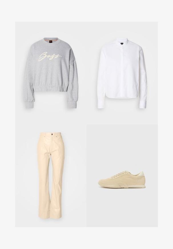 Grijze cropped sweatshirt van zacht materiaal, met een witte geborduurde 'Boss' logo aan de voorkant en elastische boorden aan de mouwen en onderkant.; Witte overhemd met een voorpanneel, lange mouwen en knoopmanchetten. Gemaakt van glad katoen met een gestructureerde pasvorm.; Beige faux leren flarebroeken met een soepele textuur, voorzien van voorzakken, een knoopsluiting en een subtiele glansafwerking.; Beige nubuck sneaker met vetersluiting, gestructureerde bovenkant, contrasterende rubberen zool en een lichte hak. Minimalistische stijl met subtiele branding.