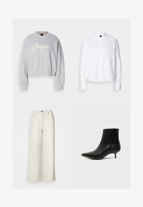 Grauer, verkürzter Pullover aus weichem Material, mit einem weißen, gestickten "Boss"-Logo auf der Vorderseite und elastischen Bündchen an den Ärmeln und am Saum.; Weißes Hemd mit Kragen, Frontblende, langen Ärmeln und knopfgestärkten Manschetten. Hergestellt aus glattem Baumwollstoff mit einer strukturierten Passform.; Cremefarbene weit geschnittene Hose aus glattem Stoff. Sie hat eine mittlere Leibhöhe, einen Reißverschluss und zwei vordere Taschen mit schwarzen Hardware-Elementen.; Schwarzer Leder-Knöchel-Stiefel mit spitzer Spitze und niedrigem Kittenabsatz vor hellem Hintergrund, seitliche Ansicht.
