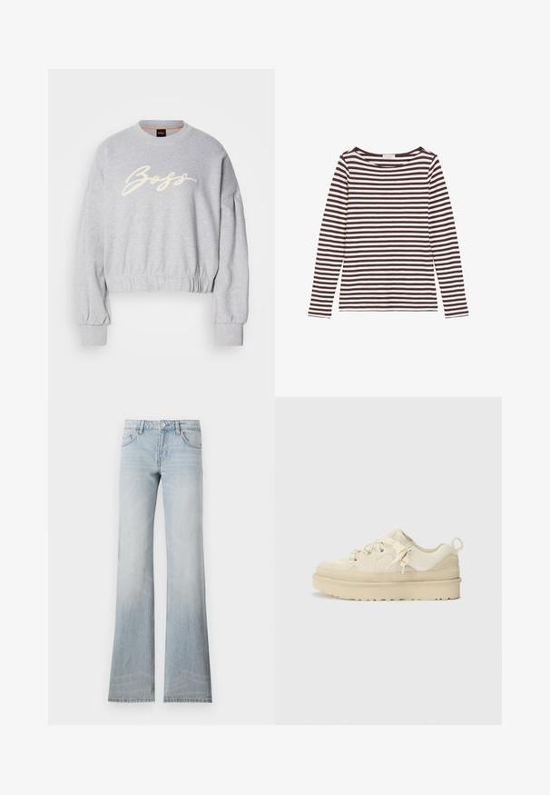 Hall grey lõikega pehme riidega särk, mille esiosas on valge broderie "Boss" logo ja elastsed mansetid varrukatel ning allservas.; Pikendatud varrukatega triibuline topp, mis sisaldab vaheldumisi tumedaid pruun ja valgeid triibusid, laia ümarat kaelariba ning pehmet ja kerget kangast.; Heledad sinine denimist flared teksad, tuhmumisega viimistlusega, viie taskuga ja nööbiga sulgemine. Kanga tekstuur on sile ja veidi elastne.; Bež spordijalatsid, millel on sile ja tekstuuriga materjalide segu, kumera tald, dekoratiivsed paelad ja taga tõmbeaas.