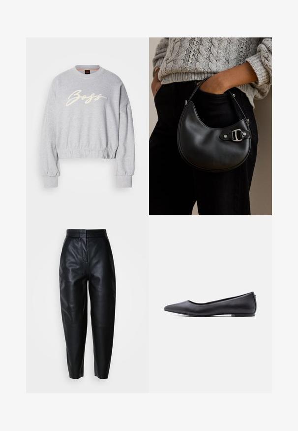 Grijze cropped sweatshirt van zacht materiaal, met een witte geborduurde 'Boss' logo aan de voorkant en elastische boorden aan de mouwen en onderkant.; Zwarte high-waisted, taps toelopende leren broek met een ritssluiting aan de voorkant en naaddetails op de knieën, tegen een plain witte achtergrond.; Zwarte platte leren schoen met puntige neus en lage hak, zijaanzicht tegen een witte achtergrond.; Persoon draagt een grijze kabeltrui en zwarte broek, houdt een kleine zwarte leren handtas met zilveren gesp vast.