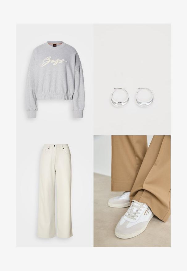 Sweatshirt court gris en tissu doux, présentant un logo "Boss" brodé en blanc sur le devant et des poignets élastiques aux manches et à l'ourlet.; Pantalons larges de couleur crème en tissu lisse. Dotés d'une taille mi-haute, d'une fermeture éclair et de deux poches avant avec des accents en matériel noir.; Baskets blanches avec des accents en daim, des lacets texturés et une semelle en caoutchouc. Associées à un pantalon beige ample. Logo affiché sur le côté.; Boucles d'oreilles en argent avec une finition polie et un branding DKNY, présentées sur un fond blanc uni.