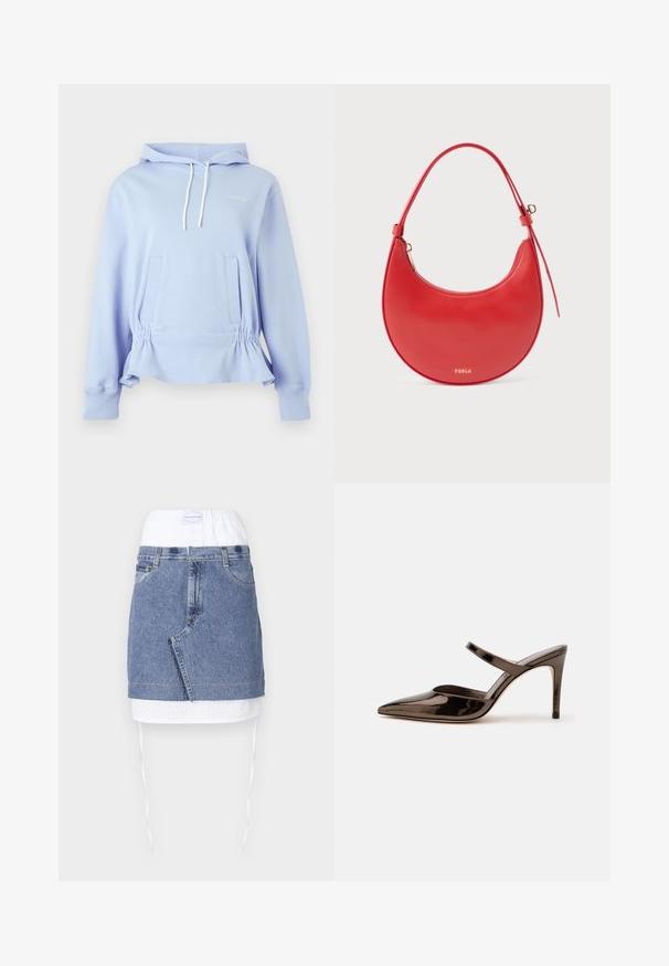 Hellblauer Kapuzenpullover mit weißen Kordeln, langen Ärmeln, Fronttaschen, elastischem Taillenbund und dezentem Bruststick.; Denimrock mit blauem Oberteil, weißem perforiertem Bund und Kordelzügen. Verfügt über frontale Taschen und einen geraden Schnitt mit rohem Saum.; Glänzender dunkelbrauner Mule mit spitzer Spitze und hohem Absatz mit schmalem Riemen über dem Spann vor weißem, einfachem Hintergrund.; Rote Leder-Umhängetasche mit einer geschwungenen Halbmondform, einer glatten Textur und goldfarbenen Beschlägen. Markenname "FURLA" auf der Vorderseite.