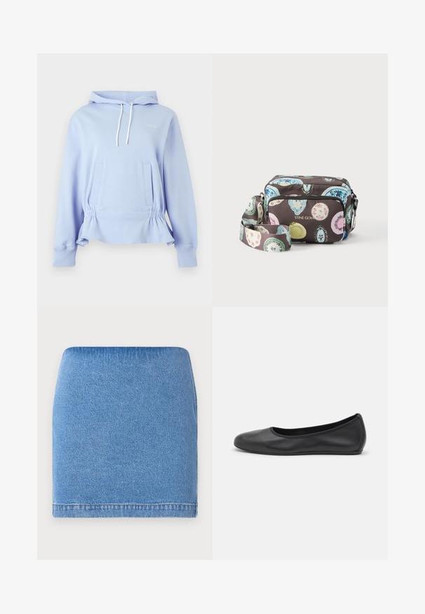 Lichtblauwe capuchontrui met witte trekkoorden, lange mouwen, voorzakken, elastische tailleband en subtiele borstborduursels.; Denim mini-jurk in lichtblauw met een aansluitend ontwerp, rechte zoom en subtiele textuur. Geen zichtbare sluitingen of zakken.; Zwarte leren ballerina met een ronde neus, gladde textuur, minimale stikdetails en een flexibele zoolontwerp.; Crossbodytas met kleurrijke ovale patronen op een donkere achtergrond, voorvak met ritssluiting en verstelbare band, gebrandmerkt met "STINE GOYA" in gouden letters.