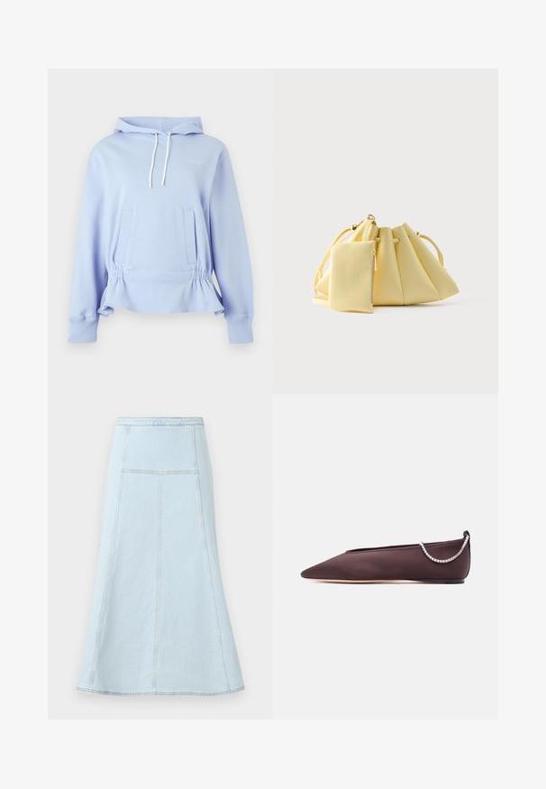 Lyseblå hættetrøje med hvide snore, lange ærmer, forlommer, elastisk indsnævret talje og diskret brystbroderi.; Lyseblå denim A-line nederdel med høj talje, der har lodrette syninger og en bredere kant for ekstra bevægelse.; Mørkebrun flad sko med spids tå, lav hæl og en sølvfarvet rhinstenkæde detalje bagpå.; Blød gul håndtaske med snørelukning og en tilhørende lille lynlås-pung, sat mod en ensfarvet hvid baggrund.