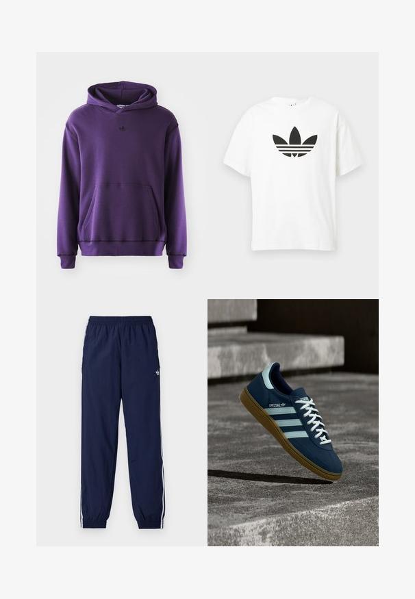 Lilla kapuutsiga, mis on valmistatud pehmest kangast. Kapuutsil on tasku, ribakujulised mansetid ja väike must logo rinnal. Minimalistlik disain.; Valge puuvillane T-särk, millel on suur must Adidas trefoil logo ja kolm horisontaalset riba all. Lühikesed varrukad, ümmargune kaelus.; Tumesinised dressipüksid, mis on valmistatud kergest kangast, valgete triipudega külgedel, elastse vöökohaga ja väikse logoga.; Sinine Adidas Spezial tennisk, valgete triipude ja paeltega, kummist tallaga, hõljub kareda betoonpinna ja sammude kohal taustal.
