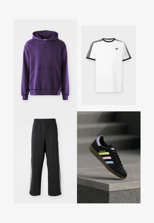 Sudadera púrpura hecha de un tejido suave, con un bolsillo canguro, puños acanalados y un pequeño logo negro en el pecho. Diseño minimalista.; Camiseta de algodón blanca con cuello y mangas de canalé negro, con tres rayas negras en cada hombro y un pequeño logo en el pecho.; Pantalones de chándal negros con cintura elástica, con franjas laterales blancas y un corte relajado. Hechos de una tela suave y elástica.; Zapatilla Adidas Spezial negra con rayas en amarillo pastel, rosa y azul, lengüeta trasera lavanda y suela marrón, flotando sobre un bordillo de cemento.