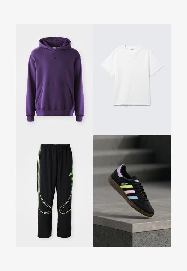 Lilla hættetrøje lavet af blødt stof, med en kengurulomme, ribbede manchetter og et lille sort logo på brystet. Minimalistisk design.; Hvid kortærmet crewneck T-shirt lagt fladt ud, ensfarvet design, med "WEEKDAY" mærkat inde i kraven på en lys baggrund.; Sorte Adidas sportbukser med neongrønne buede linjer og tre striber på siderne, elastisk livrem og Adidas-logo på forsiden af låret.; Sort Adidas Spezial sneaker med pastelgule, pink og blå striber, lavendel hælstrop og brun sål, svævende over betonforkant.