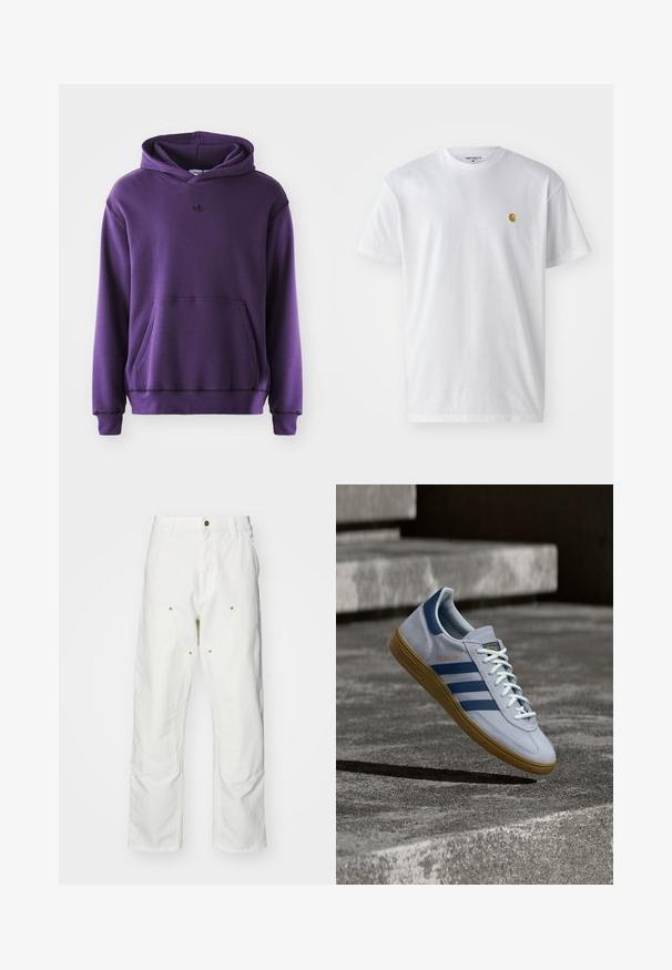 Lilla hættetrøje lavet af blødt stof, med en kengurulomme, ribbede manchetter og et lille sort logo på brystet. Minimalistisk design.; Hvid bomulds t-shirt med korte ærmer, rund hals og et lille guld logo på venstre brystområde. Blød tekstur og almindelig pasform.; Hvide bomulds cargo bukser med en afslappet pasform. Funktioner inkluderer for- og baglommer, guldfarvede hardware detaljer og forstærkede knæsektioner.; Lyseblå Adidas Spezial sneakers med marineblå striber og gummisål, vist i luften over betontrapper i et neutralt udendørsmiljø.