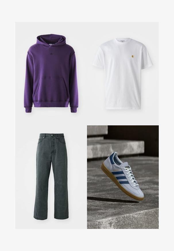 Sudadera púrpura hecha de un tejido suave, con un bolsillo canguro, puños acanalados y un pequeño logo negro en el pecho. Diseño minimalista.; Camiseta de algodón blanca con mangas cortas, cuello redondo, que presenta un pequeño logo dorado en la parte izquierda del pecho. Textura suave y corte regular.; Vaqueros de patas anchas en gris oscuro, hechos de denim, con una cintura alta, diseño de cinco bolsillos y una sutil textura desgastada.; Zapatilla Adidas Spezial azul claro con rayas azul marino y suela de goma, mostrada en el aire sobre escalones de hormigón en un entorno exterior neutral.