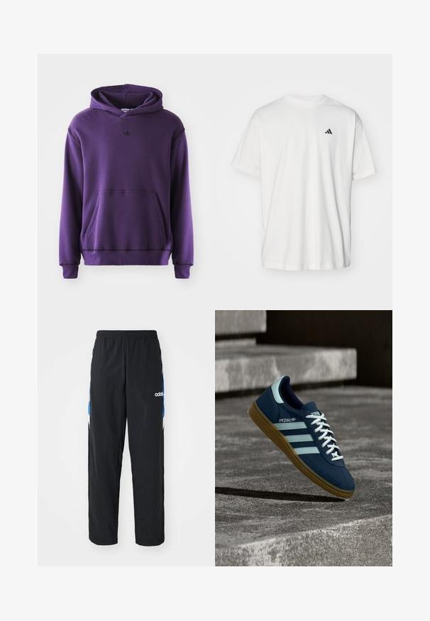 Sudadera púrpura hecha de un tejido suave, con un bolsillo canguro, puños acanalados y un pequeño logo negro en el pecho. Diseño minimalista.; Camiseta de algodón blanca con mangas cortas, cuello redondo y un pequeño logo negro de Adidas en el lado izquierdo del pecho. Textura suave, ajuste casual.; Pantalones deportivos negros con cintura elástica, que presentan acentos gráficos en azul y blanco en los laterales, y un logo bordado.; Zapatilla azul Adidas Spezial con rayas y cordones blancos, suela de goma, flotando sobre una superficie de hormigón rugosa y escaleras de fondo.