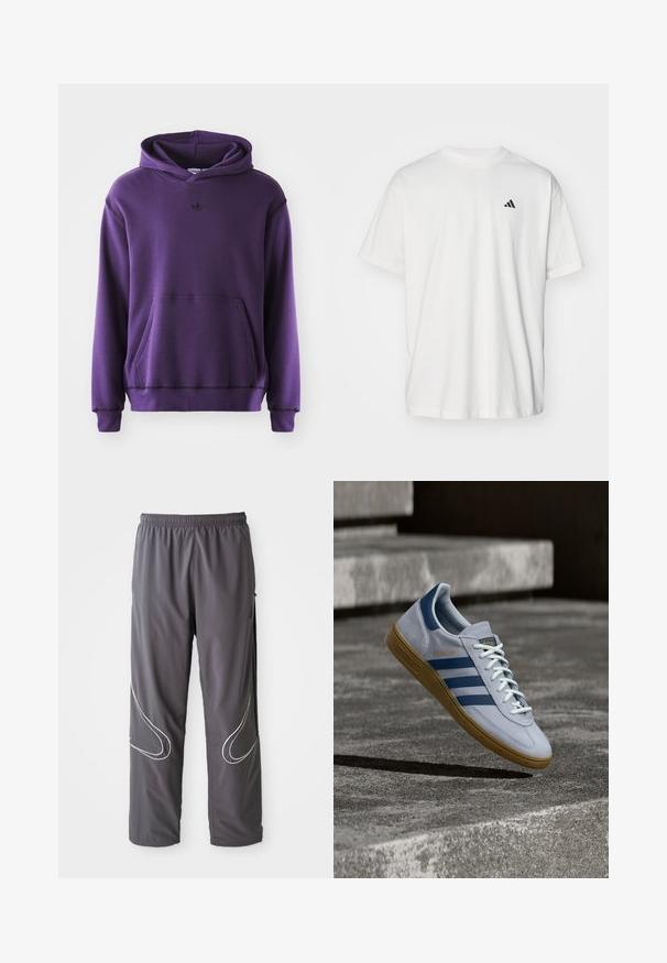 Lila Kapuzenpullover aus weichem Stoff, mit Kängurutasche, gerippten Bündchen und einem kleinen schwarzen Logo auf der Brust. Minimalistisches Design.; Weißes Baumwoll-T-Shirt mit kurzen Ärmeln, Rundhalsausschnitt und kleinem schwarzem Adidas-Logo auf der linken Brust. Weicher Stoff, lässige Passform.; Herren graue Sporthose mit elastischem Bund, Reißverschlusstaschen und reflektierenden weißen Akzenten an den Seiten. Leicht, glatte Textur.; Hellblauer Adidas Spezial Sneaker mit dunkelblauen Streifen und Gummisohle, in der Luft über Betontreppen in neutralem Außenbereich gezeigt.