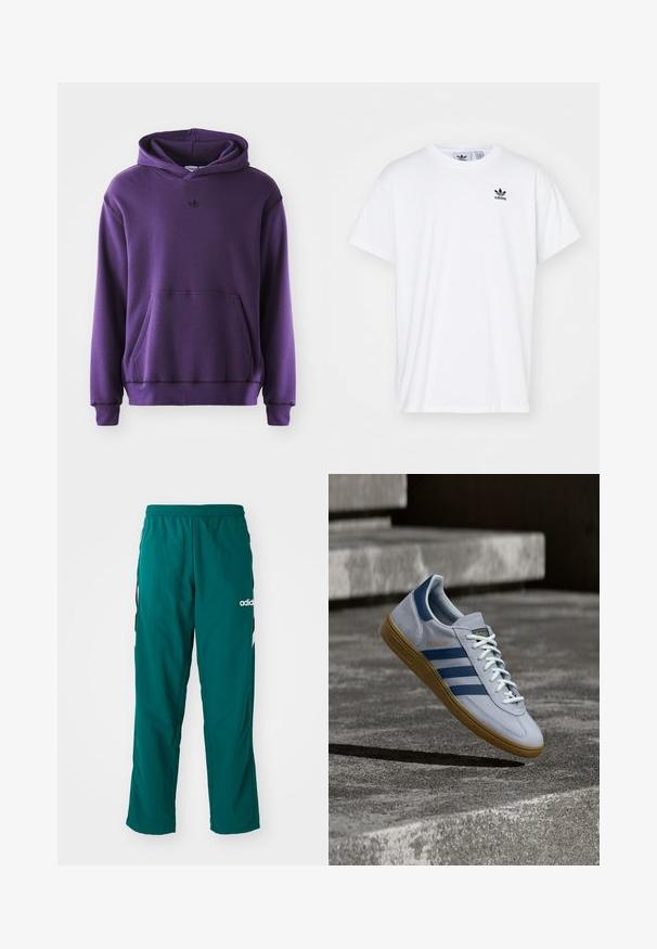 Lilla hættetrøje lavet af blødt stof, med en kengurulomme, ribbede manchetter og et lille sort logo på brystet. Minimalistisk design.; Hvid bomulds T-shirt med korte ærmer, rund halsudskæring og et sort Adidas-logo med tre striber på venstre brystområde.; Grønne træningsbukser lavet af letvægtsstof, med elastisk talje, sidelommer og hvidt Adidas-logo på venstre side.; Lyseblå Adidas Spezial sneakers med marineblå striber og gummisål, vist i luften over betontrapper i et neutralt udendørsmiljø.