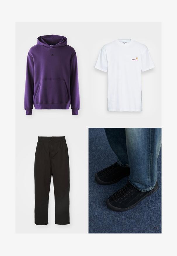 Lilla hættetrøje lavet af blødt stof, med en kengurulomme, ribbede manchetter og et lille sort logo på brystet. Minimalistisk design.; Hvid bomulds t-shirt med korte ærmer. Designet med et lille orange og maroon logo på venstre bryst. Har en klassisk rund hals.; Sorte bukser lavet af glat stof, med knaplukning, lige pasform og to frontfolder for ekstra detalje.; Sorte ruskindssneakers med tekstureret overflade, diskret snøring og holdbare gummisåler, parret med blå denim jeans.