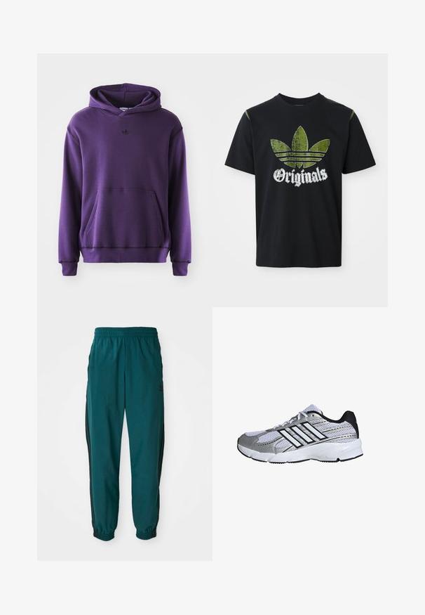 Lilla hættetrøje lavet af blødt stof, med en kengurulomme, ribbede manchetter og et lille sort logo på brystet. Minimalistisk design.; Sort bomulds T-shirt med et slidt grønt grafik med tre striber og ordet "Originals" nedenfor i hvidt, rund halsudskæring, korte ærmer.; Teal sportsbukser med snoretræk i taljen, elastiske manchetter og sorte striber på siden. Lavet af letvægtsstof med et logo nær hoften.; Mesh atletik sko i hvid og sølv, med sorte detaljer, tre hvide striber logo, polstret krave og tekstureret gummisål.