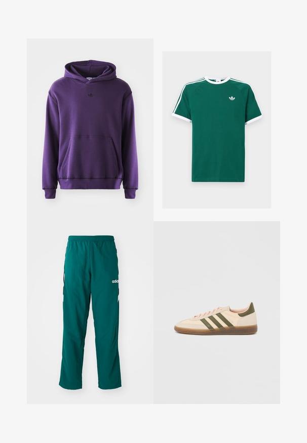 Sudadera púrpura hecha de un tejido suave, con un bolsillo canguro, puños acanalados y un pequeño logo negro en el pecho. Diseño minimalista.; Camiseta de algodón verde con acentos blancos, con mangas cortas, cuello redondo y tres rayas blancas en cada hombro. Pequeño logo en el pecho.; Pantalones deportivos verdes hechos de tela ligera, con una cinturilla elástica, bolsillos laterales y el logo blanco de Adidas en el lado izquierdo.; Zapatilla Adidas Spezial beige de perfil bajo con rayas verdes, suela de goma y la marca "SPEZIAL" en el lateral, vista desde el lado exterior.