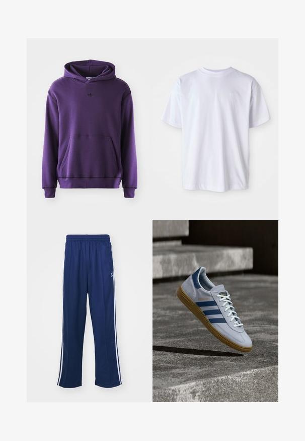 Sudadera púrpura hecha de un tejido suave, con un bolsillo canguro, puños acanalados y un pequeño logo negro en el pecho. Diseño minimalista.; Camiseta blanca de algodón con cuello redondo y mangas cortas. Presenta un logo sutil bordado en un color a juego en el lado izquierdo del pecho.; Pantalones deportivos en azul marino con un corte relajado, que presentan franjas laterales blancas y una cintura elástica. Tejido suave, sin patrones visibles ni herrajes.; Zapatilla Adidas Spezial azul claro con rayas azul marino y suela de goma, mostrada en el aire sobre escalones de hormigón en un entorno exterior neutral.
