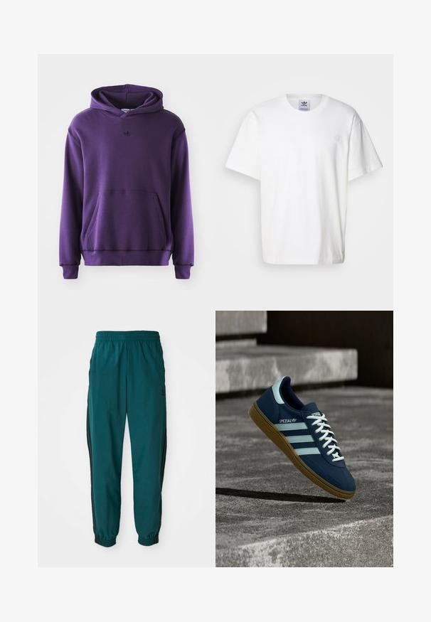 Sudadera púrpura hecha de un tejido suave, con un bolsillo canguro, puños acanalados y un pequeño logo negro en el pecho. Diseño minimalista.; Camiseta de algodón blanca con cuello redondo y mangas cortas. Presenta un pequeño logotipo bordado en el pecho. Diseño simple y clásico.; Pantalones deportivos en color verde azulado con cintura ajustable por cordón, puños elásticos y rayas negras en los lados. Fabricados con un tejido ligero, presentan un logo cerca de la cadera.; Zapatilla azul Adidas Spezial con rayas y cordones blancos, suela de goma, flotando sobre una superficie de hormigón rugosa y escaleras de fondo.