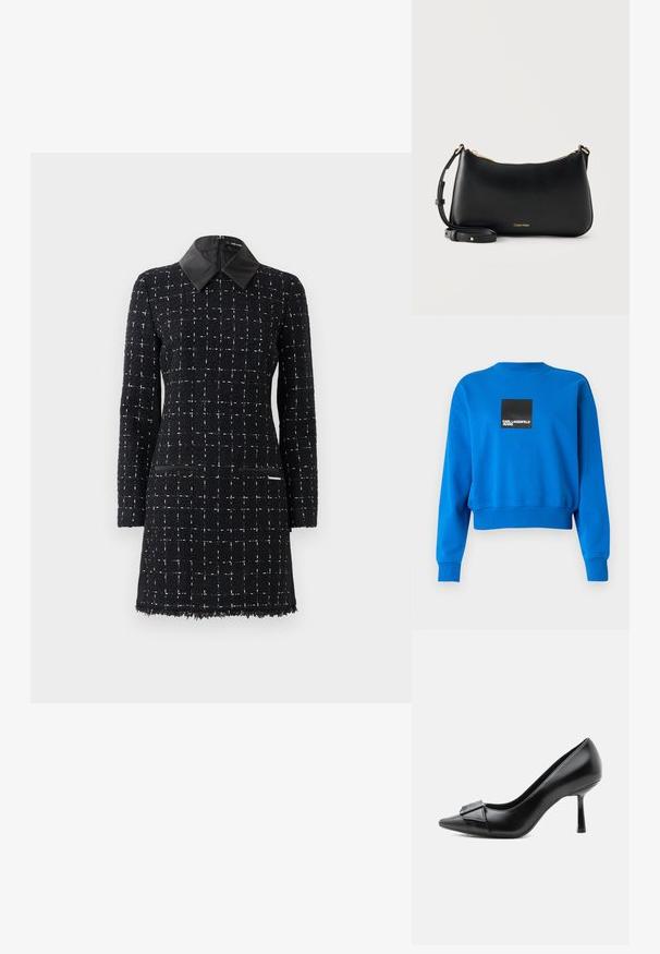 Gekürzter blauer Sweatshirt aus weichem Stoff, mit einem schwarzen Quadrat-Logo und weißen Text, gerippten Bündchen und Halsausschnitt.; Ein schwarzes Kleid mit texturiertem Rautenmuster, ausgestattet mit einem Lederkragen und zwei vorderen Taschen, für einen modernen Look gestaltet.; Schwarzer Lederschuh mit hohem Absatz, spitzer Schuhspitze und dekorativer Schnalle vorne, von der Seite auf weißem Hintergrund abgebildet.; Schwarze Leder-Schultertasche von Calvin Klein mit goldenem Reißverschluss und verstellbarem Riemen auf schlichtem hellem Hintergrund.