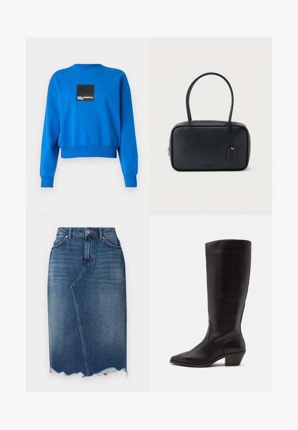 Sudadera azul recortada hecha de tejido suave, con un logo cuadrado negro y texto blanco, y puños y escote de canalé.; Falda lápiz de mezclilla azul con costura frontal asimétrica, dobladillo deshilachado, trabillas para cinturón y bolsillos delanteros.; Bota de cuero negra hasta la mitad de la pantorrilla con puntera puntiaguda y tacón bajo inclinado sobre un fondo claro y liso.; Bolso rectangular negro con asas dobles redondeadas, cremallera dorada y logo "HUGO" en relieve en el frente con etiqueta de cuero adjunta.