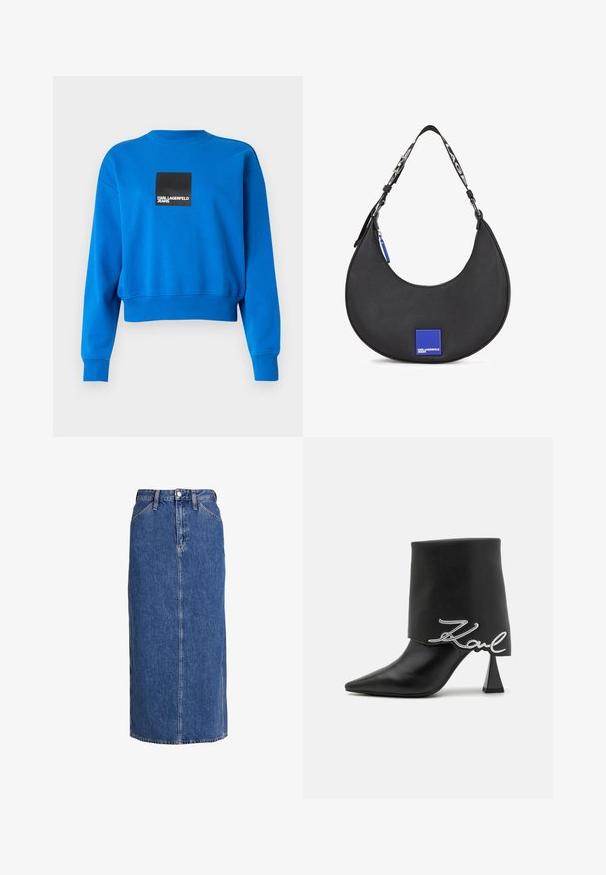 Sudadera azul recortada hecha de tejido suave, con un logo cuadrado negro y texto blanco, y puños y escote de canalé.; Falda midi de mezclilla en azul medio con corte recto, cierre delantero de botones, dos bolsillos laterales y costuras visibles para dar textura.; Botín de cuero negro con punta afilada, tacón alto y grueso, y parte superior doblada con un detalle del logo plateado "Zaul".; Bolso de hombro de cuero negro con una silueta curva, que presenta un acento de logo cuadrado azul y una correa de contraste con texto.