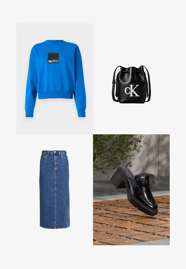 Sweatshirt bleu raccourci en tissu doux, avec un logo carré noir et un texte blanc, des poignets et un col côtelés.; Jupe midi en denim bleu moyen avec une coupe droite, fermeture à bouton sur le devant, deux poches latérales et des coutures visibles pour texturer.; Mule slip-on en cuir noir Calvin Klein avec talon bloc reposant sur des carreaux en bois à l'extérieur près d'une plante verte et d'un mur gris.; Sac seau en cuir noir avec cordon de serrage en haut et logo blanc "cK" sur le devant, doté d’une bandoulière réglable.