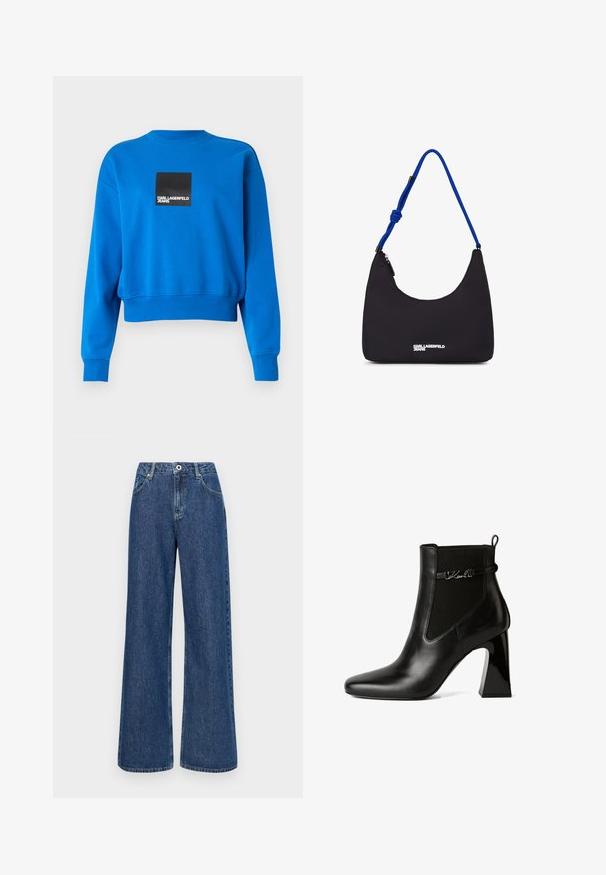 Sudadera azul recortada hecha de tejido suave, con un logo cuadrado negro y texto blanco, y puños y escote de canalé.; Vaqueros de mezclilla azul de pierna ancha con una cintura alta, que presentan bolsillos frontales y un cierre de un solo botón. Tejido texturizado con costuras visibles.; KARL LAGERFELD ASTRA NOVA GORE - Botines de tacón - black lthr; Bolso de hombro de nylon negro con forma curva, correa de cuerda azul y detalles del logo plateado en la parte frontal. Cierre de cremallera en la parte superior.