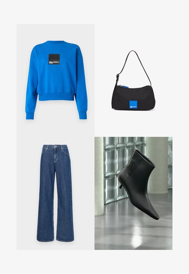 Gekürzter blauer Sweatshirt aus weichem Stoff, mit einem schwarzen Quadrat-Logo und weißen Text, gerippten Bündchen und Halsausschnitt.; Weite blaue Jeans mit hohem Bund, ausgestattet mit Fronttaschen und einem einzelnen Knopfverschluss. Strukturierter Stoff mit sichtbaren Nähten.; Schwarzer Leder-Stiefelette mit spitzer Zehenpartie und niedrigem Kitten-Heel, schräg dargestellt vor einem polierten Boden und einer Glasbausteinwand.; Schwarze Nylon-Schultertasche mit Reißverschluss, ausgestattet mit einem blauen quadratischen Akzent und verstellbarem Tragegurt. Glatte Textur, minimalistisches Design.