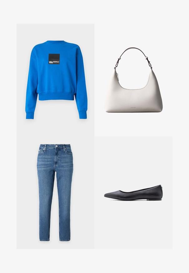 Sudadera azul recortada hecha de tejido suave, con un logo cuadrado negro y texto blanco, y puños y escote de canalé.; Jeans de mezclilla azul claro con cintura alta, diseño de pierna recta, estilo de cinco bolsillos y sutil desgaste. Cuenta con cierre de botón metálico y cremallera.; Zapato plano de cuero negro con punta puntiaguda y tacón bajo, mostrado de perfil contra un fondo blanco.; Bolso de hombro de cuero color crema de Calvin Klein con borde superior curvado, cremallera plateada y correa ajustable marrón oscuro.