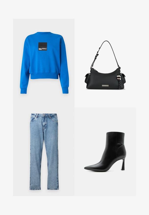 Beskarret blå sweatshirt lavet af blødt stof, med et sort firkantet logo med hvid tekst, ribbede ærmer og halsudskæring.; Lyseblå denimjeans med lige ben, udstyret med lynlås, fem lommer og en subtil slidt tekstur.; Sort læderankelstøvle med spids tå og slank, høj stilet hæl, vist i sideprofil på hvid baggrund.; Sort læder håndtaske med kort justerbar rem, sidelommer, sølv logo-plade og en karakternøglekæde med solbriller og hvidt hår.