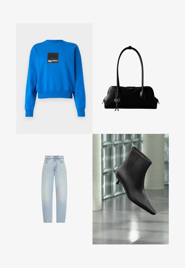 Gekürzter blauer Sweatshirt aus weichem Stoff, mit einem schwarzen Quadrat-Logo und weißen Text, gerippten Bündchen und Halsausschnitt.; Hellblaue Jeans mit hoher Taille und geradem Bein, vorne mit Knopf, Reißverschluss, Gürtelschlaufen sowie vorderen und hinteren Taschen.; Schwarzer Leder-Knöchelstiefel mit spitzer Spitze und kleinem Absatz vor einer Wand aus Glasbausteinen und einem polierten Boden.; Schwarze Lederhandtasche von Calvin Klein mit langen Henkeln, einem vorderen Logo-Tag und einem silbernen geometrischen Anhänger, der an einem Henkel hängt.