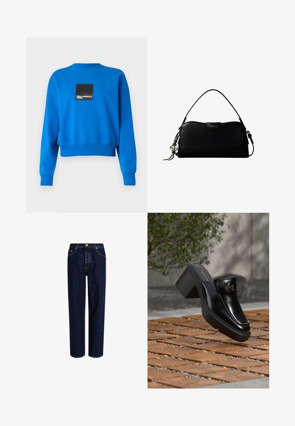 Beskarret blå sweatshirt lavet af blødt stof, med et sort firkantet logo med hvid tekst, ribbede ærmer og halsudskæring.; Mørkeblå denim jeans med lige ben-design, der har høj talje, fem-lomme-stil og kontrastsyninger. Ingen dekorationer.; Sort læder Calvin Klein slip-on mule med blokhæl, der hviler på trætøj udendørs nær en grøn plante og en grå væg.; Sort rektangulær Calvin Klein håndtaske med enkelt toprem, sølvlogo vedhæng og lille klaplukning foran.