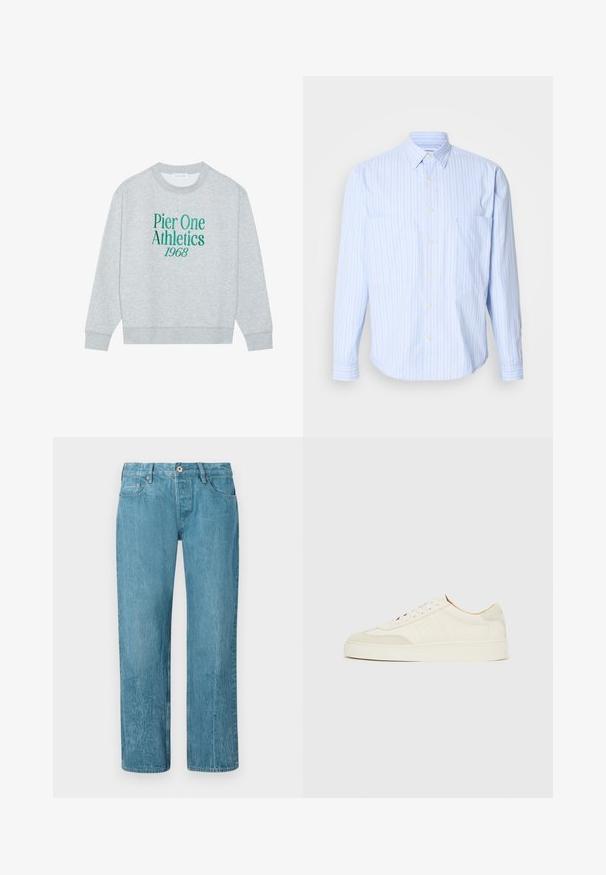 Grå sweatshirt med rund hals, prydet med grøn broderet tekst: "Pier One Athletics 1968" på forsiden. Lange ærmer, ribbede manchetter.; Lyseblå skjorte med knapper og lodrette striber i hvid og pastel farver, blødt bomuldsstof, to brystlommer og lange ærmer.; Lyseblå denimjeans med lige ben-design, der har fem lommer, bæltestropper og knaplukning. Glat tekstur med subtilt falmede områder.; Hvide ruskinds-sneakers med en glat finish, rund tå, fladt snøresystem og kontrasterende teksturerede detaljer. Indeholder et diskret logo.