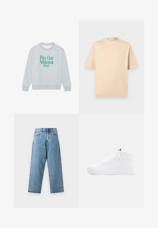 Grå sweatshirt med rund hals, prydet med grøn broderet tekst: "Pier One Athletics 1968" på forsiden. Lange ærmer, ribbede manchetter.; Beige oversize kortærmet T-shirt med rund hals og minimal syning på en lys grå baggrund.; Lyseblå denimjeans med høj talje, brede, lige ben, forreste knapper, lynlås og fem-lommers design.; Høj-top hvid sneakers lavet af glat syntetisk materiale. Har en lynlås på siden, rund tå og tekstureret gummisål.