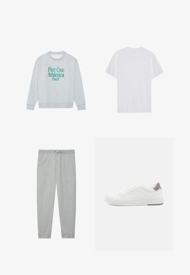 Grå sweatshirt med rund hals, prydet med grøn broderet tekst: "Pier One Athletics 1968" på forsiden. Lange ærmer, ribbede manchetter.; Hvid bomulds T-shirt med korte ærmer, rund hals og en glat tekstur. Har minimal branding på halsudskæringen.; Grå sweatpants lavet af blødt bomuldsblanding, med en elastisk talje og snor, side-lommer og tapered manchetter.; Hvid sneaker lavet af glat læder, rund tå, minimalistisk design, grå hælafsats og tekstureret gummisål.