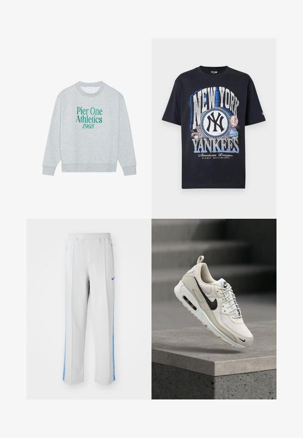Grauer sweatshirt mit Rundhalsausschnitt, mit grünem gesticktem Text: "Pier One Athletics 1968" auf der Vorderseite. Langärmlig, mit gerippten Bündchen.; Schwarzes Baumwoll-T-Shirt mit großem weiß-blauem Grafikdruck, "NEW YORK YANKEES"-Schriftzug und Teamlogo, kurze Ärmel, lockere Passform.; Hellegraue Sporthose mit blauen Seitenstreifen, im entspannten Schnitt, mit elastischem Bund und Reißverschlusstaschen. Nike-Logo auf der Vorderseite.; Beige-weißer Nike Air Max Sneaker mit schwarzem Swoosh-Logo, weißen Schnürsenkeln und sichtbarer Air-Dämpfungssohle, liegend auf einem Betonblock.