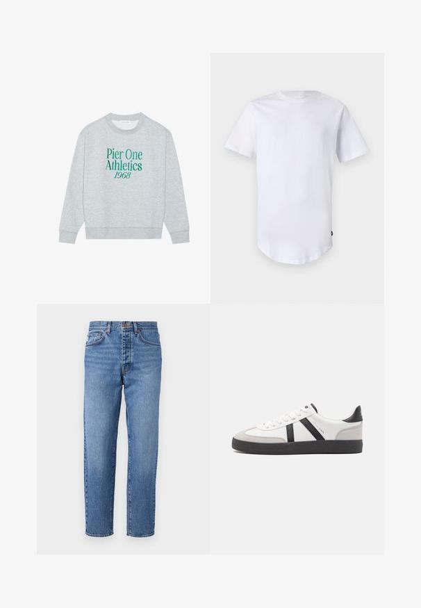 Grijze sweatshirt met ronde hals, featuring groene geborduurde tekst: "Pier One Athletics 1968" aan de voorkant. Lange mouwen, geribbelde manchetten.; Witte katoenen t-shirt met korte mouwen. Rond de hals ontwerp met een gebogen zoom. Label zichtbaar aan de onderste linkerzijde. Gladde textuur.; Lichtblauwe denim jeans met een rechte pasvorm, vijf zakken en een knoopsluiting. Vervaagde textuur met lichte slijtage aan de voorkant.; Witte sneaker met zwarte en grijze accenten, voorzien van een grijze neus met textuur, zwarte rubberen zool en platte witte veters. Schoon ontwerp, minimalistische stijl.